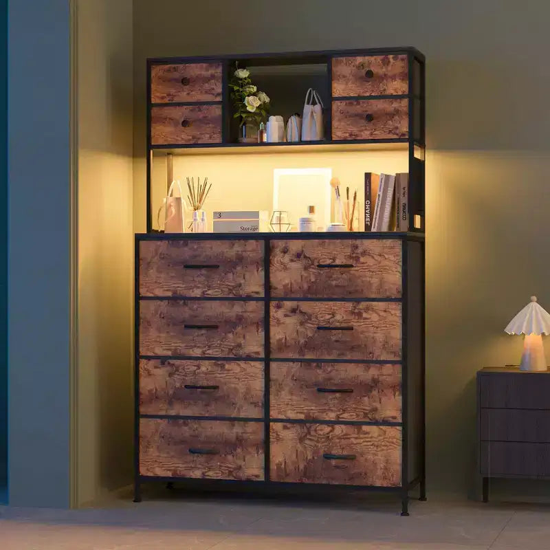 COZONY Commode à 12 tiroirs pour chambre, commode de rangement en tissu avec étagères ouvertes, plateau en bois et structure métallique
