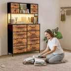 COZONY Commode à 12 tiroirs pour chambre, commode de rangement en tissu avec étagères ouvertes, plateau en bois et structure métallique
