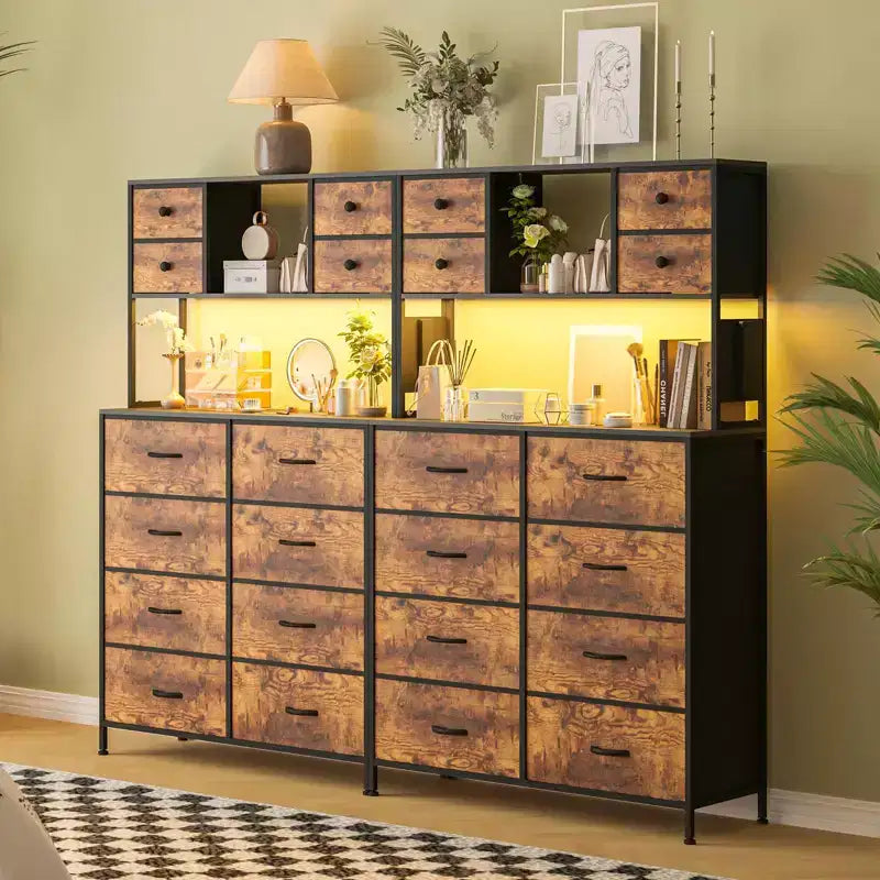 COZONY Commode à 12 tiroirs pour chambre, commode de rangement en tissu avec étagères ouvertes, plateau en bois et structure métallique