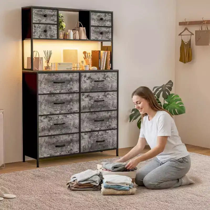 COZONY Commode à 12 tiroirs pour chambre, commode de rangement en tissu avec étagères ouvertes, plateau en bois et structure métallique