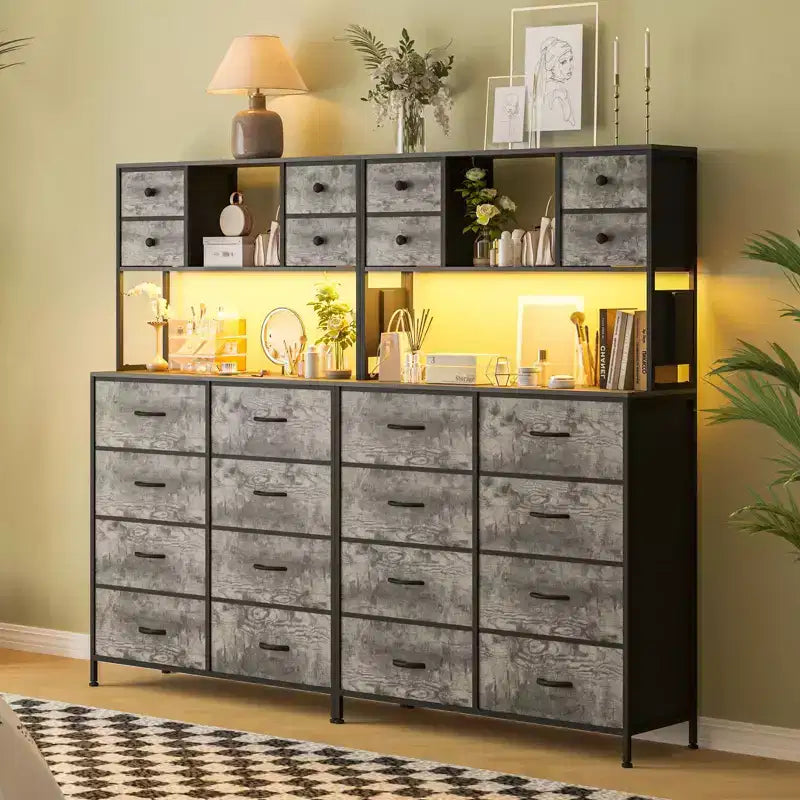 COZONY Commode à 12 tiroirs pour chambre, commode de rangement en tissu avec étagères ouvertes, plateau en bois et structure métallique