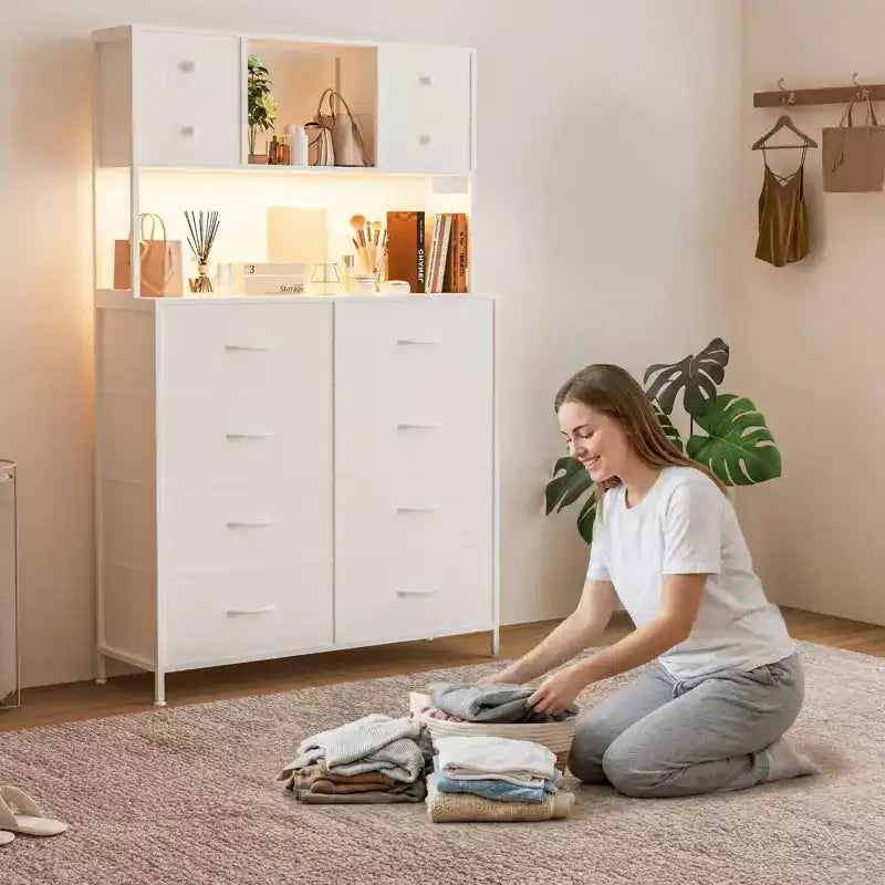 COZONY Commode à 12 tiroirs pour chambre, commode de rangement en tissu avec étagères ouvertes, plateau en bois et structure métallique