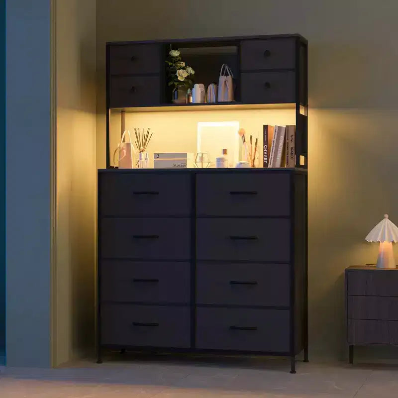 COZONY Commode à 12 tiroirs pour chambre, commode de rangement en tissu avec étagères ouvertes, plateau en bois et structure métallique