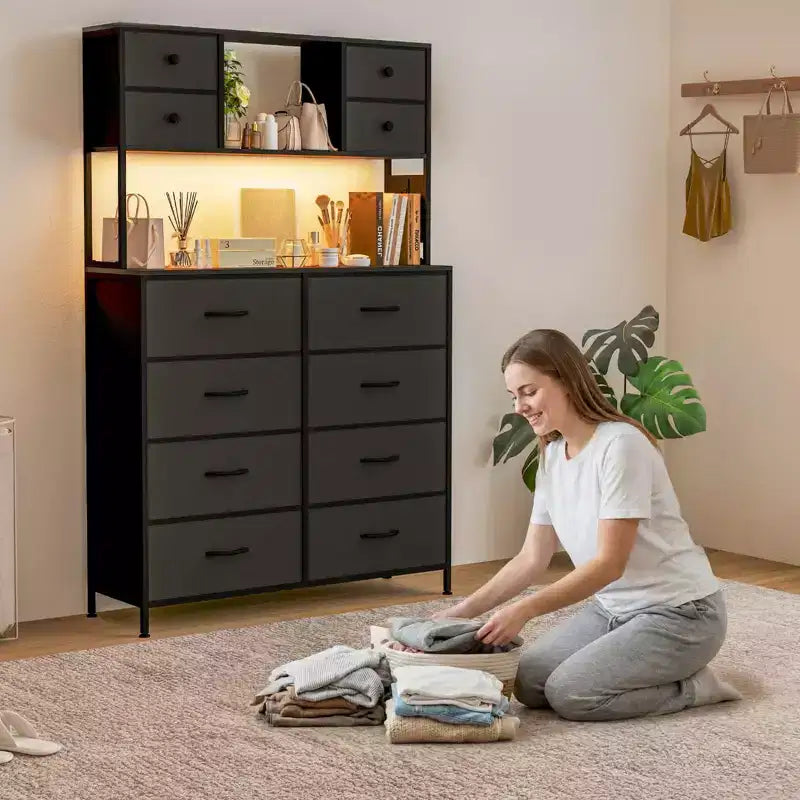 COZONY Commode à 12 tiroirs pour chambre, commode de rangement en tissu avec étagères ouvertes, plateau en bois et structure métallique
