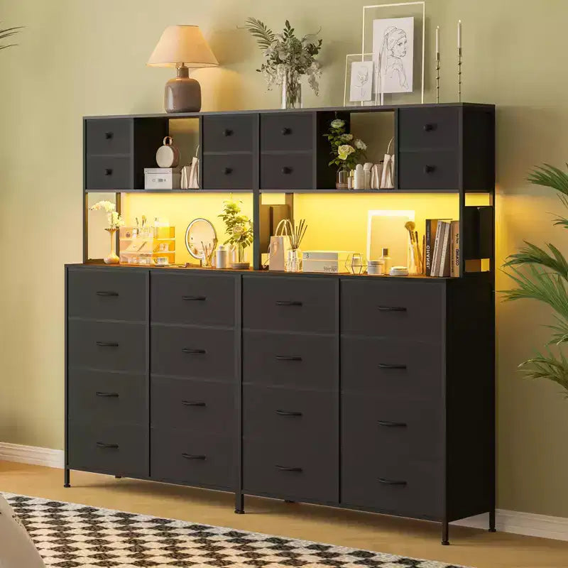 COZONY Commode à 12 tiroirs pour chambre, commode de rangement en tissu avec étagères ouvertes, plateau en bois et structure métallique