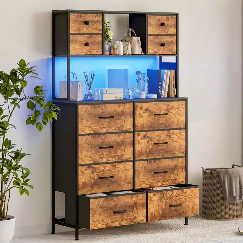 COZONY Commode à 12 tiroirs pour chambre, commode de rangement en tissu avec étagères ouvertes, plateau en bois et structure métallique