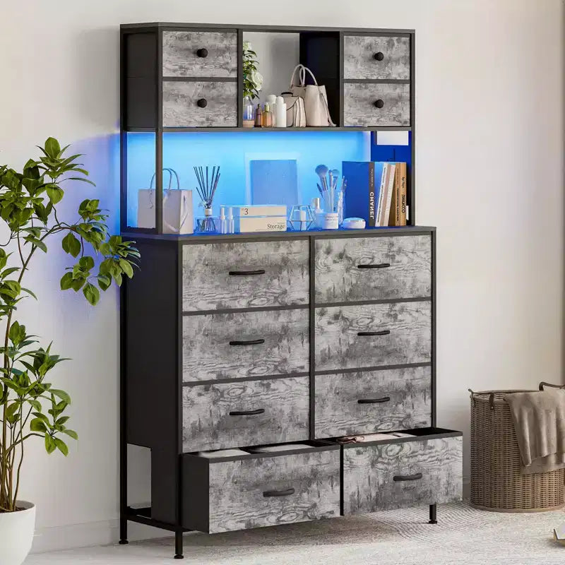 COZONY Commode à 12 tiroirs pour chambre, commode de rangement en tissu avec étagères ouvertes, plateau en bois et structure métallique