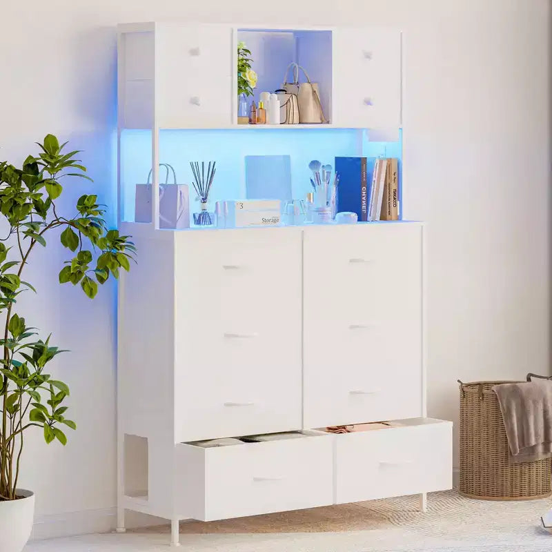 COZONY Commode à 12 tiroirs pour chambre, commode de rangement en tissu avec étagères ouvertes, plateau en bois et structure métallique