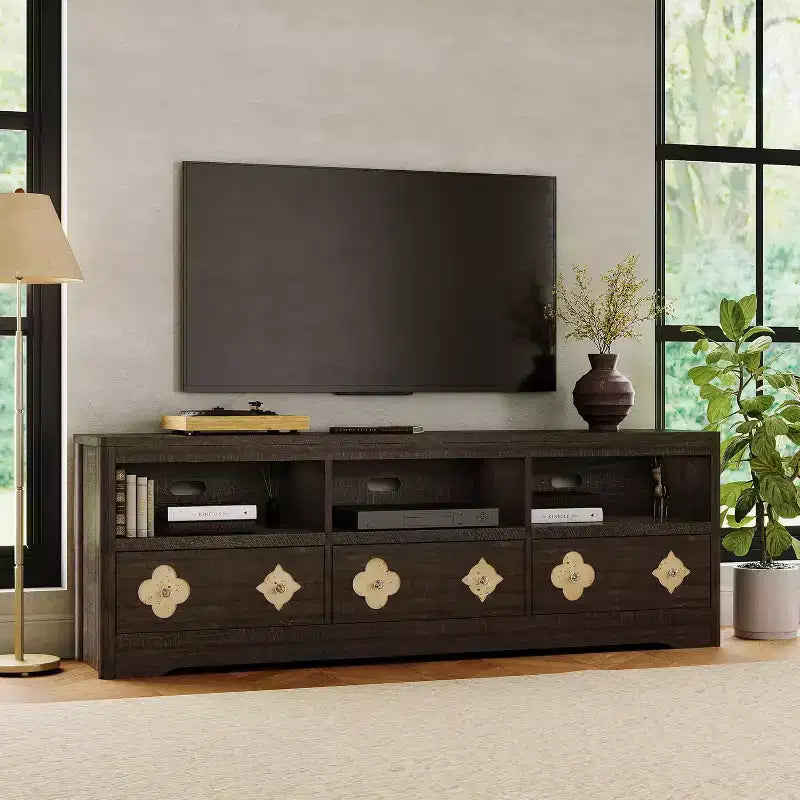 Meuble TV de 70 pouces pour téléviseurs jusqu'à 85 pouces, meuble de divertissement moderne du milieu du siècle avec tiroir gravé de rangement et étagères ouvertes, pour salon, chambre à coucher
