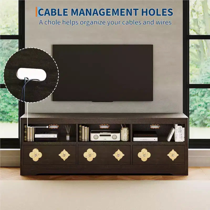 Meuble TV de 70 pouces pour téléviseurs jusqu'à 85 pouces, meuble de divertissement moderne du milieu du siècle avec tiroir gravé de rangement et étagères ouvertes, pour salon, chambre à coucher