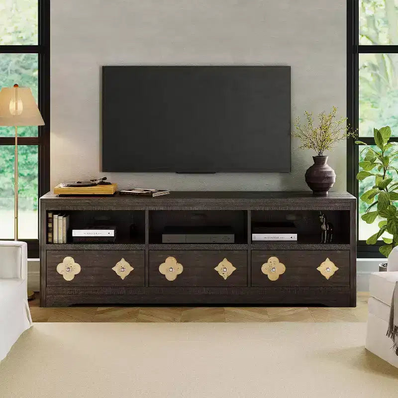 Meuble TV de 70 pouces pour téléviseurs jusqu'à 85 pouces, meuble de divertissement moderne du milieu du siècle avec tiroir gravé de rangement et étagères ouvertes, pour salon, chambre à coucher