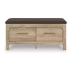 Banc de rangement de chambre Ashley Prandefort Signature Design avec siège rembourré, 2 tiroirs, finition bois tanné et dessus en tissu marron