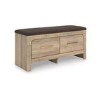 Banc de rangement de chambre Ashley Prandefort Signature Design avec siège rembourré, 2 tiroirs, finition bois tanné et dessus en tissu marron