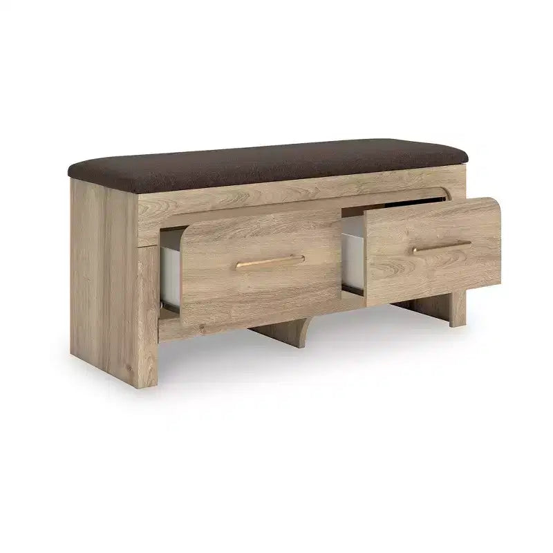 Banc de rangement de chambre Ashley Prandefort Signature Design avec siège rembourré, 2 tiroirs, finition bois tanné et dessus en tissu marron