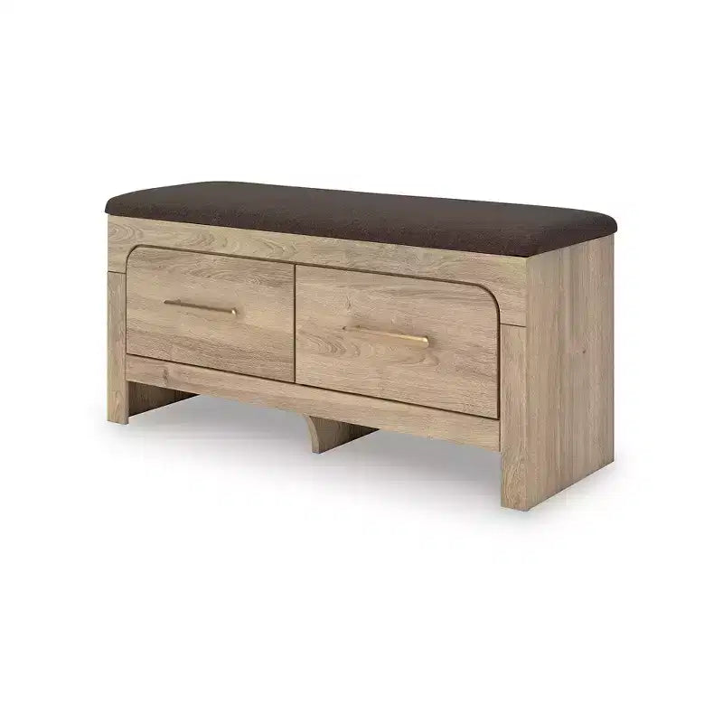 Banc de rangement de chambre Ashley Prandefort Signature Design avec siège rembourré, 2 tiroirs, finition bois tanné et dessus en tissu marron