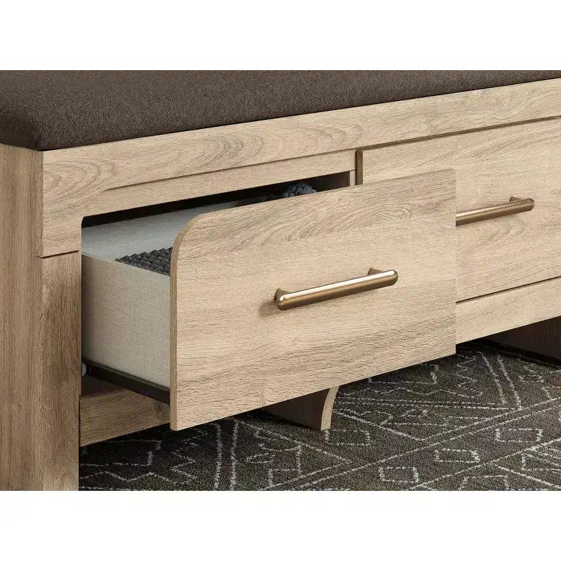Banc de rangement de chambre Ashley Prandefort Signature Design avec siège rembourré, 2 tiroirs, finition bois tanné et dessus en tissu marron