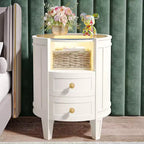 Table de chevet ovale Lantine : Aucun assemblage requis, 2 tiroirs LED, dessus en verre, table d'appoint ronde moderne blanche pour chambre à coucher