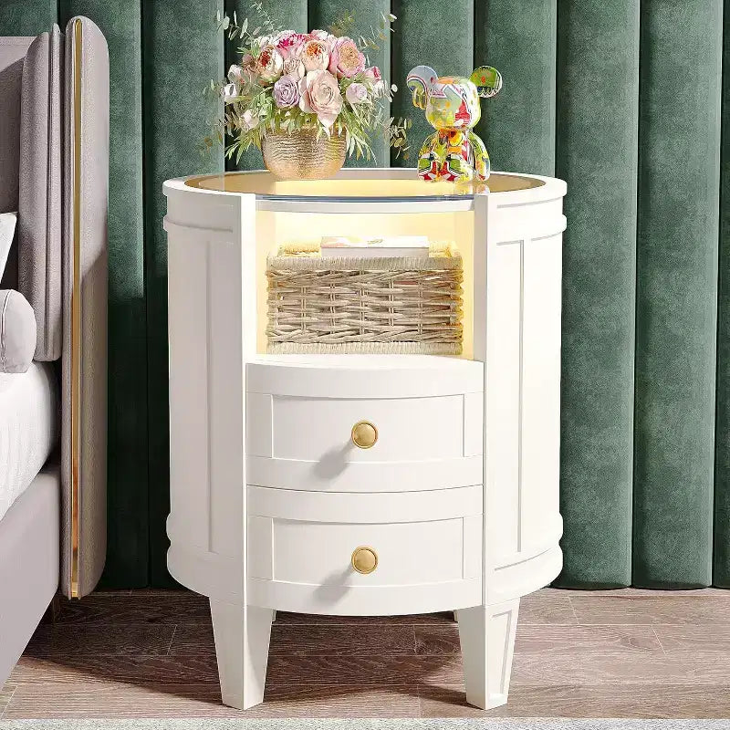 Table de chevet ovale Lantine : Aucun assemblage requis, 2 tiroirs LED, dessus en verre, table d'appoint ronde moderne blanche pour chambre à coucher