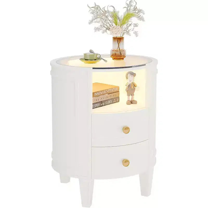 Table de chevet ovale Lantine : Aucun assemblage requis, 2 tiroirs LED, dessus en verre, table d'appoint ronde moderne blanche pour chambre à coucher