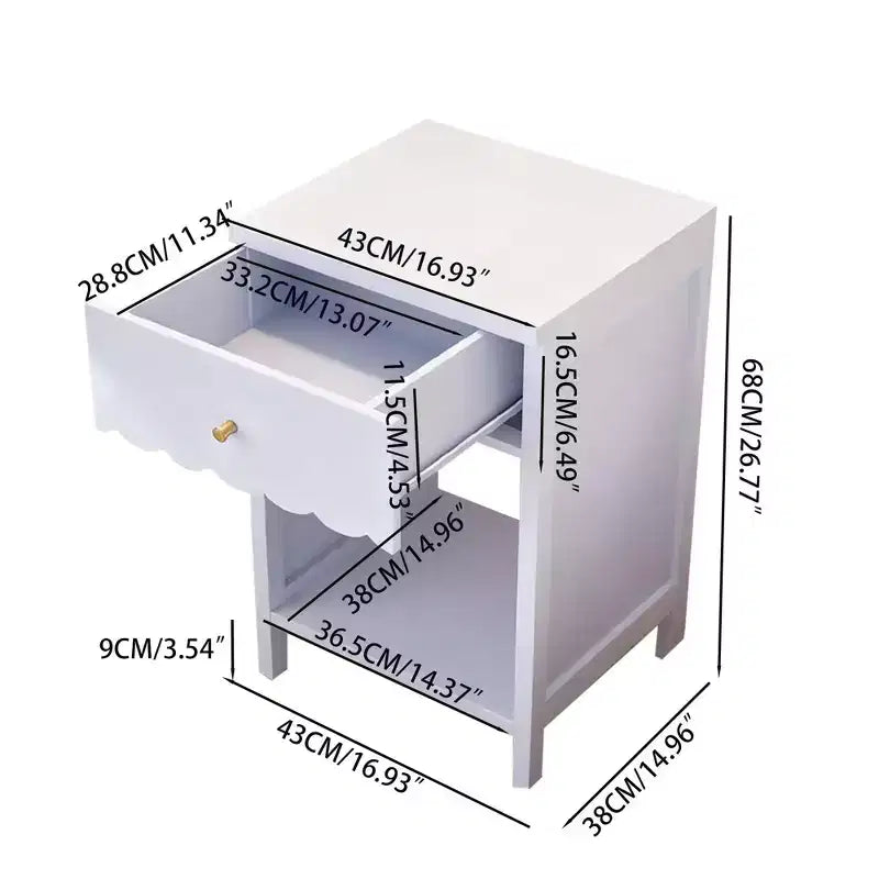 Table de chevet avec tiroir et étagère ouverte à bords festonnés, 68 cm de hauteur, pour chambre d'adulte ou d'enfant, Lilas