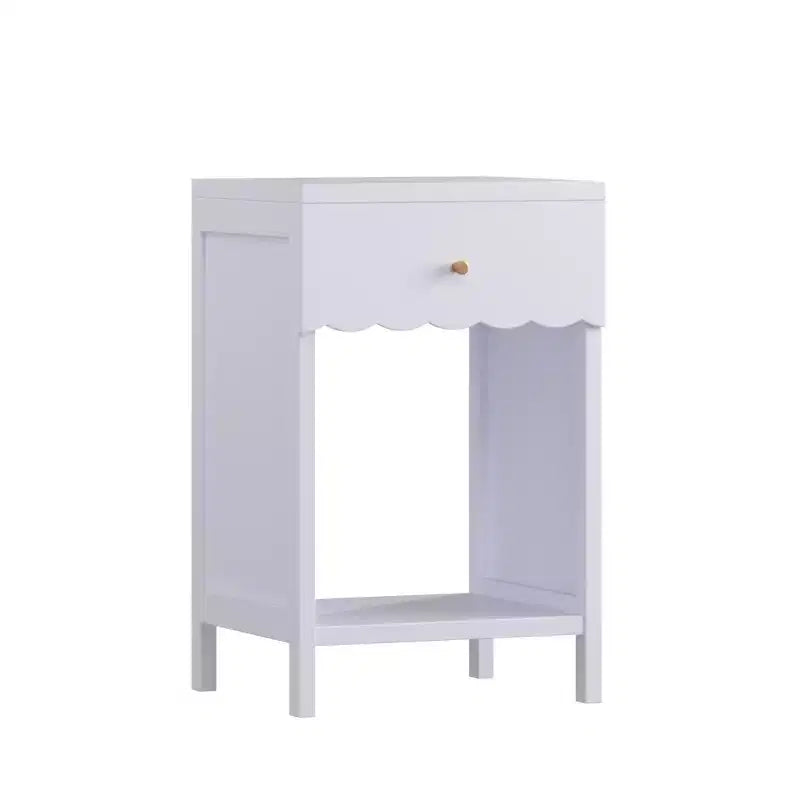 Table de chevet avec tiroir et étagère ouverte à bords festonnés, 68 cm de hauteur, pour chambre d'adulte ou d'enfant, Lilas