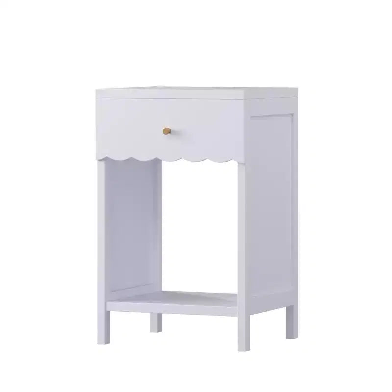 Table de chevet avec tiroir et étagère ouverte à bords festonnés, 68 cm de hauteur, pour chambre d'adulte ou d'enfant, Lilas