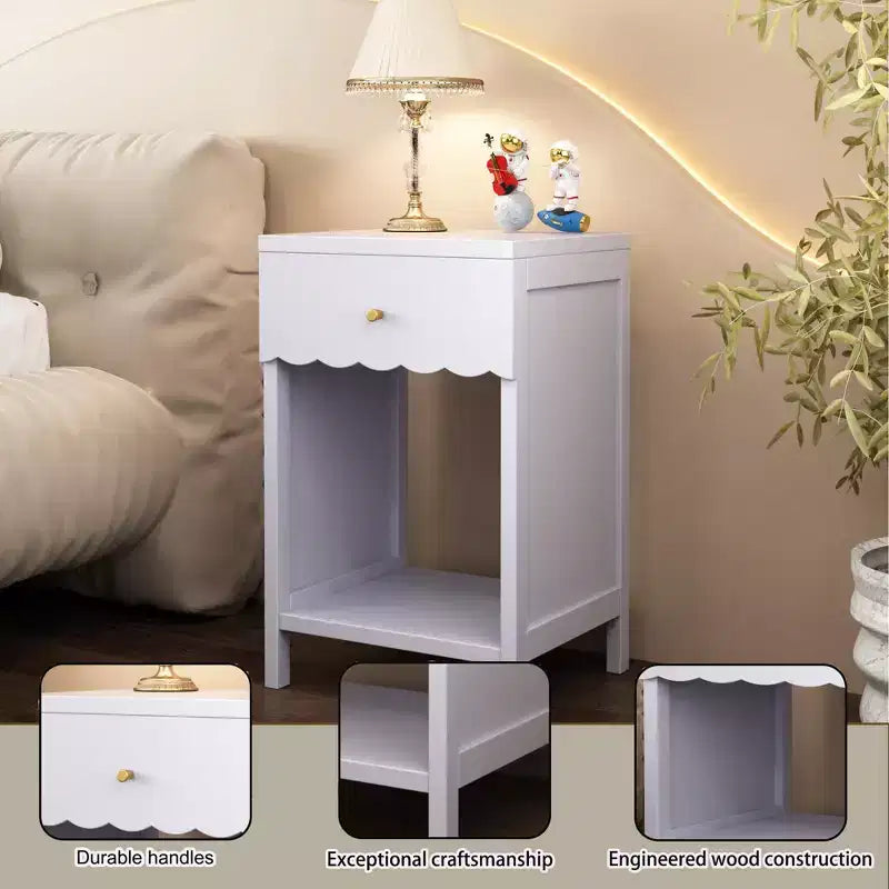 Table de chevet avec tiroir et étagère ouverte à bords festonnés, 68 cm de hauteur, pour chambre d'adulte ou d'enfant, Lilas