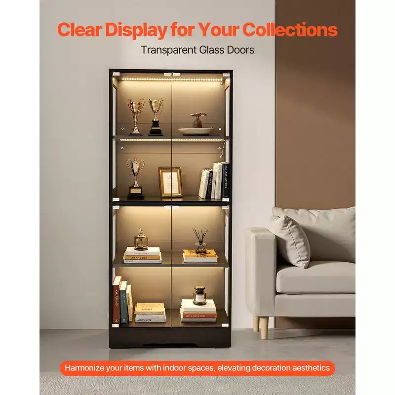 Vitrine VEVOR avec Portes en Verre, Vitrine Lumineuse de 165 cm avec 3 Couleurs d'Éclairage, Armoire de Rangement 4 Niveaux pour Collections, Noir