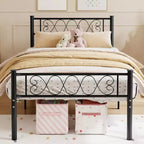 Cadre de lit double XL noir avec tête et pied de lit pour filles et garçons, plateforme de lit en métal avec motif cœur en fer forgé, sans sommier tapissier requis