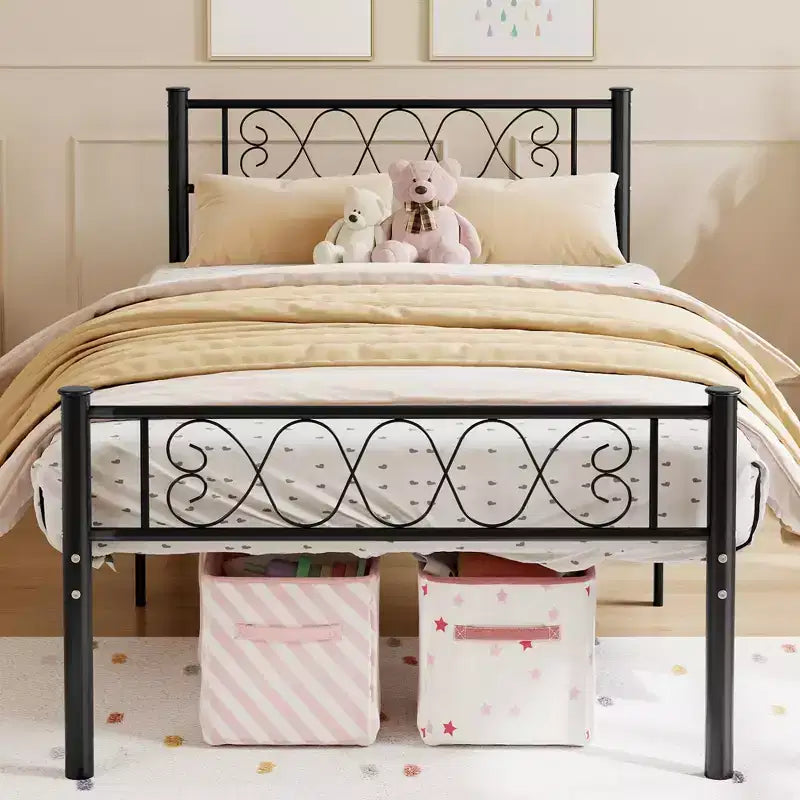 Cadre de lit double XL noir avec tête et pied de lit pour filles et garçons, plateforme de lit en métal avec motif cœur en fer forgé, sans sommier tapissier requis
