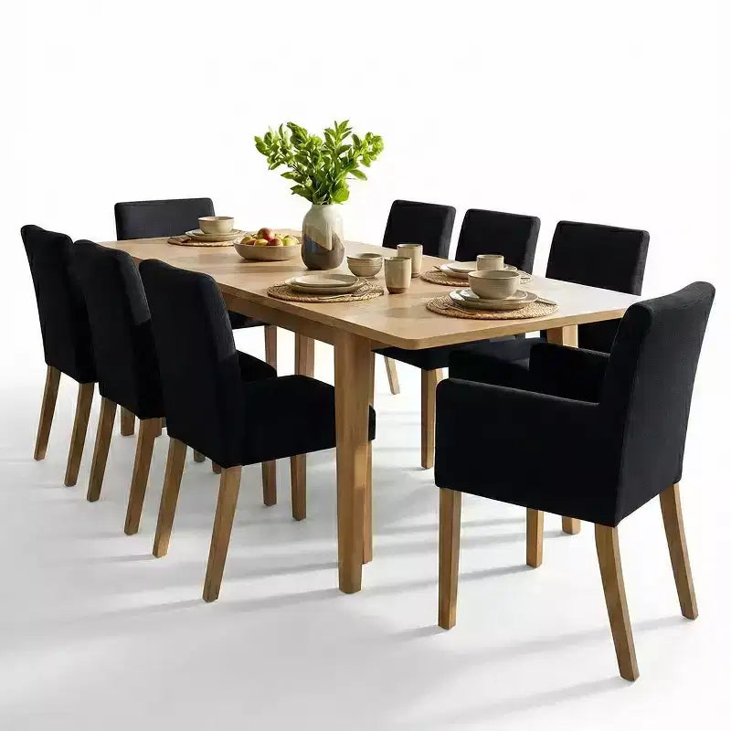 Ensemble de salle à manger 9 pièces avec rallonge, comprenant 6 chaises sans accoudoirs et 2 fauteuils en lin neutre, pieds en bois massif, style moderne-Panipeachy