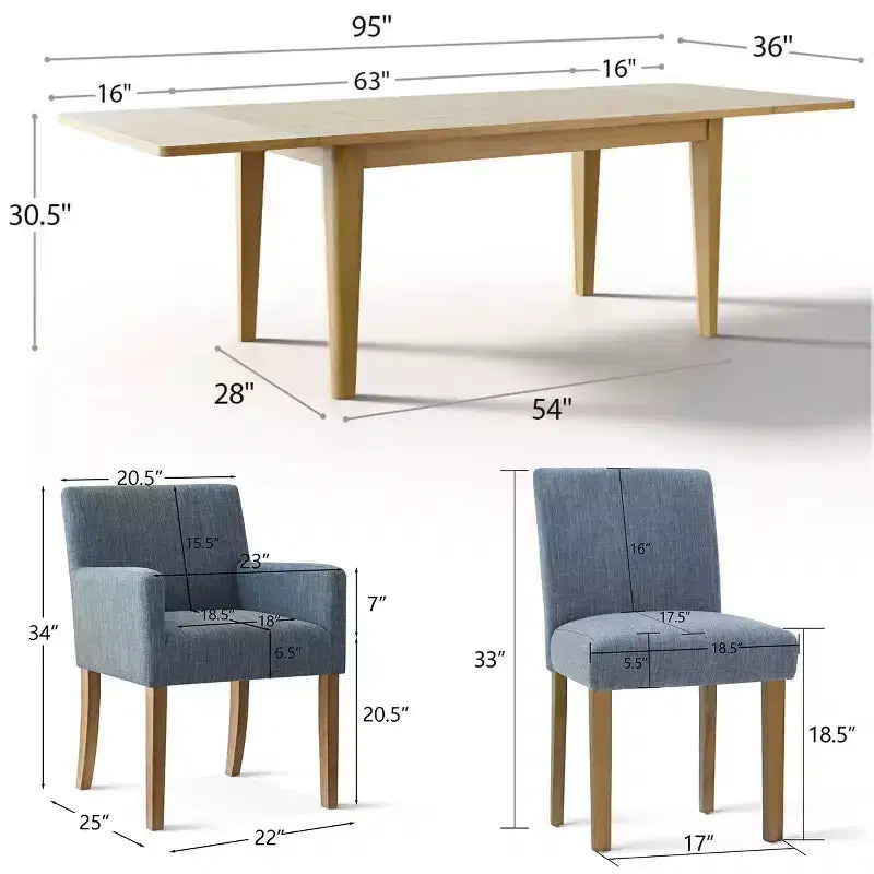 Ensemble de salle à manger 9 pièces avec rallonge, comprenant 6 chaises sans accoudoirs et 2 fauteuils en lin neutre, pieds en bois massif, style moderne-Panipeachy