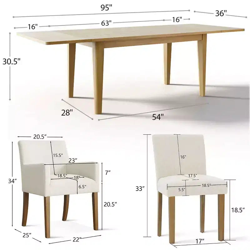 Ensemble de salle à manger 9 pièces avec rallonge, comprenant 6 chaises sans accoudoirs et 2 fauteuils en lin neutre, pieds en bois massif, style moderne-Panipeachy