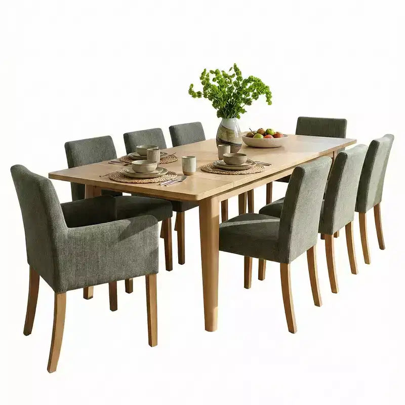 Ensemble de salle à manger 9 pièces avec rallonge, comprenant 6 chaises sans accoudoirs et 2 fauteuils en lin neutre, pieds en bois massif, style moderne-Panipeachy