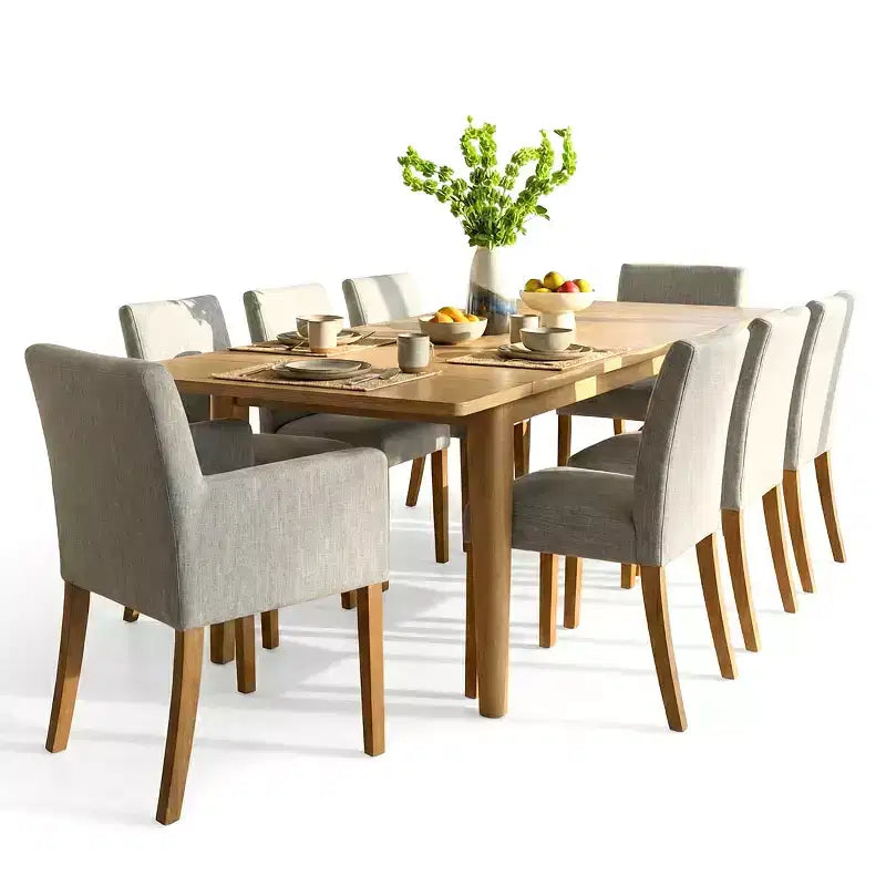 Ensemble de salle à manger 9 pièces avec rallonge, comprenant 6 chaises sans accoudoirs et 2 fauteuils en lin neutre, pieds en bois massif, style moderne-Panipeachy