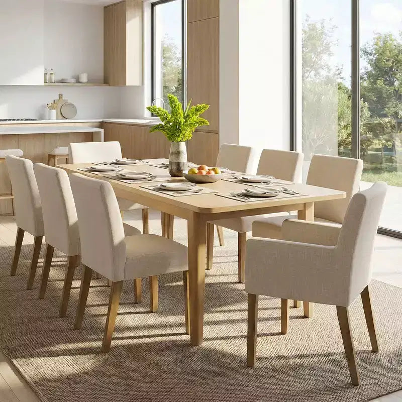 9-Piece Dining Table Set with Leaf, Includes 6 Armless Chairs and 2 Armchairs in Neutral Linen, Solid Wood Legs, Modern Style-Panipeachy