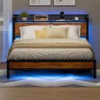 Lit Queen Industriel avec Station de Recharge Tête de lit Rangement en Bois Rustique Lumières LED Plateforme en Métal Ports USB Support Robuste