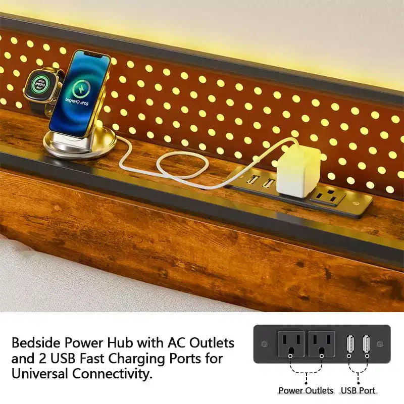 Lit Queen Industriel avec Station de Recharge Tête de lit Rangement en Bois Rustique Lumières LED Plateforme en Métal Ports USB Support Robuste