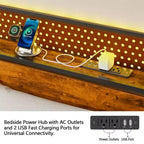 Lit Queen Industriel avec Station de Recharge Tête de lit Rangement en Bois Rustique Lumières LED Plateforme en Métal Ports USB Support Robuste