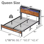Lit Queen Industriel avec Station de Recharge Tête de lit Rangement en Bois Rustique Lumières LED Plateforme en Métal Ports USB Support Robuste
