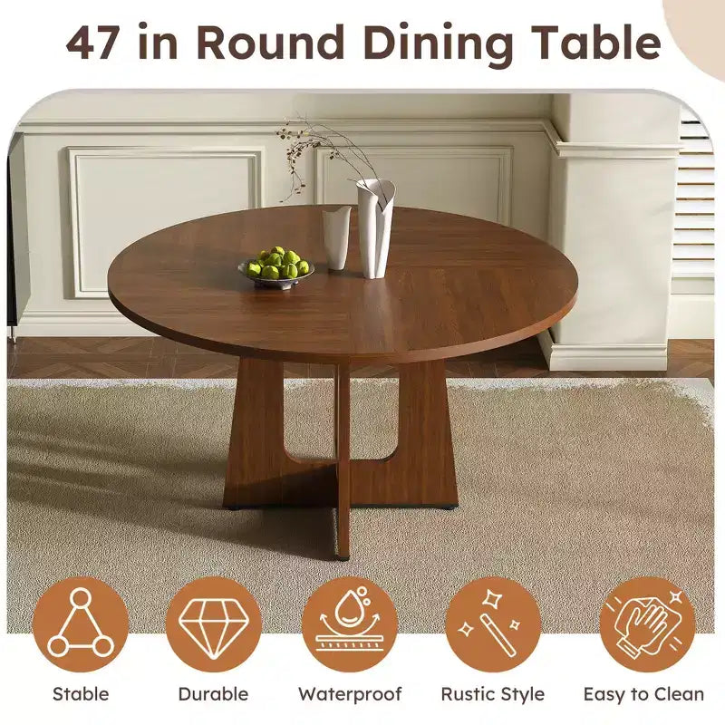 Table à manger ronde de 47 pouces pour 4, table de cuisine de ferme en MDF avec finition grain de bois, capacité de charge de 136 kg pour salle à manger, cuisine, salon