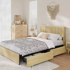 Bed Frame with Natural Rattan Headboard, 4 Storage Drawers, Slats, Bohemian-Style Cane Mattress Support, Strong Metal Base with Resilient Wooden