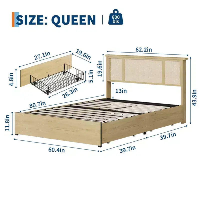 Cadre de lit avec tête de lit en rotin naturel, 4 tiroirs de rangement, sommier à lattes, support de matelas en canne style bohème, base métallique robuste avec bois résistant