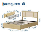 Cadre de lit avec tête de lit en rotin naturel, 4 tiroirs de rangement, sommier à lattes, support de matelas en canne style bohème, base métallique robuste avec bois résistant