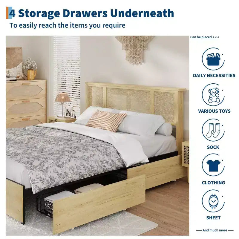 Cadre de lit avec tête de lit en rotin naturel, 4 tiroirs de rangement, sommier à lattes, support de matelas en canne style bohème, base métallique robuste avec bois résistant