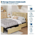 Cadre de lit avec tête de lit en rotin naturel, 4 tiroirs de rangement, sommier à lattes, support de matelas en canne style bohème, base métallique robuste avec bois résistant