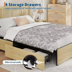 Cadre de lit avec tête de lit en rotin naturel, 4 tiroirs de rangement, sommier à lattes, support de matelas en canne style bohème, base métallique robuste avec bois résistant
