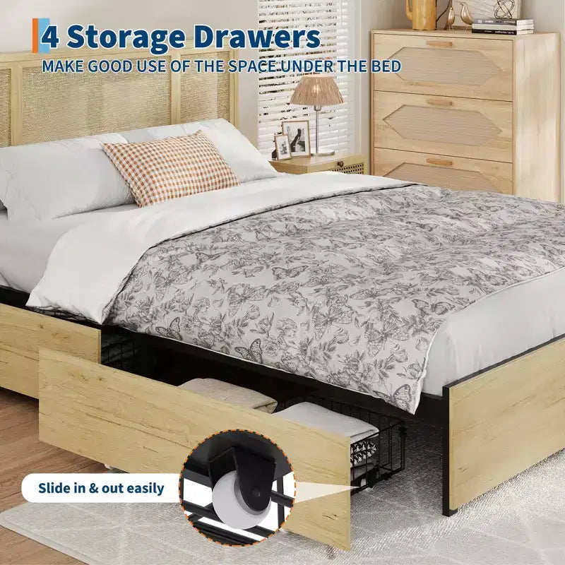 Cadre de lit avec tête de lit en rotin naturel, 4 tiroirs de rangement, sommier à lattes, support de matelas en canne style bohème, base métallique robuste avec bois résistant