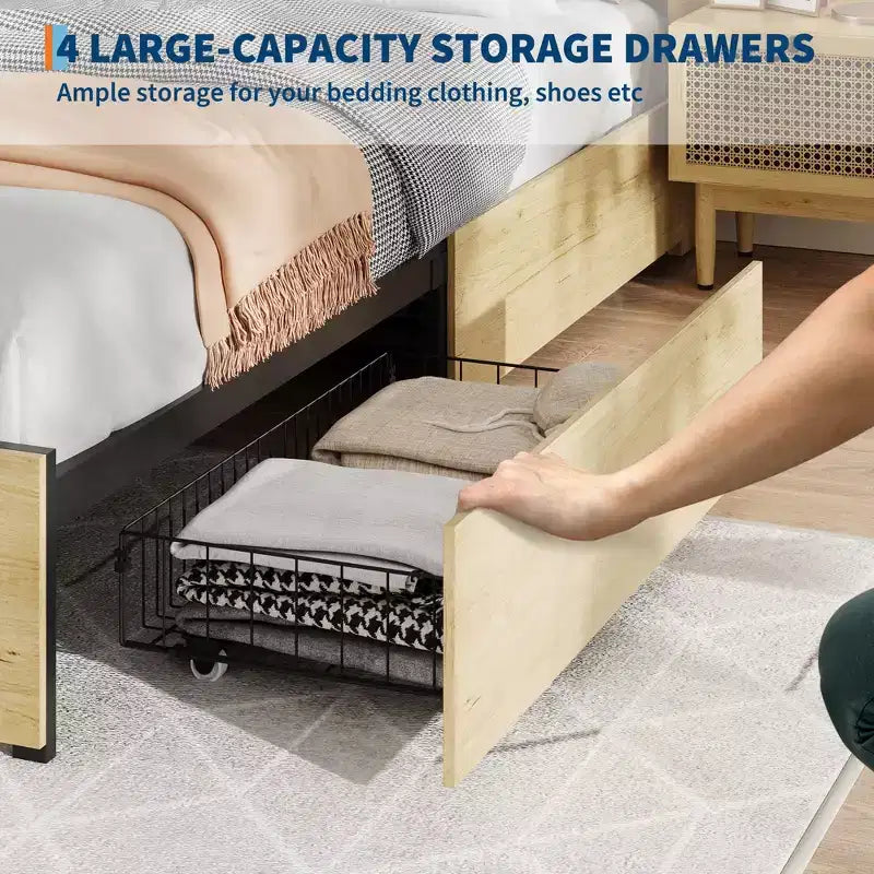 Cadre de lit avec tête de lit en rotin naturel, 4 tiroirs de rangement, sommier à lattes, support de matelas en canne style bohème, base métallique robuste avec bois résistant