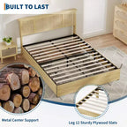 Cadre de lit avec tête de lit en rotin naturel, 4 tiroirs de rangement, sommier à lattes, support de matelas en canne style bohème, base métallique robuste avec bois résistant